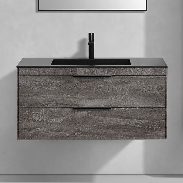 Тумба с раковиной Vincea Chiara 2D 100, 2 ящика, камень, с черной раковиной