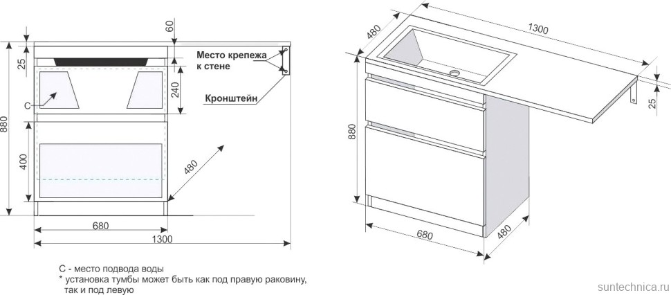 Тумба с раковиной Style Line Даллас 130 Люкс Plus напольная, белая, эмаль R