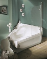 Акриловая ванна Jacob Delafon Bain-Douche R 145x145 см, угловая, правая, пристенная, белая, пятиугольная, с каркасом, с сиденьем