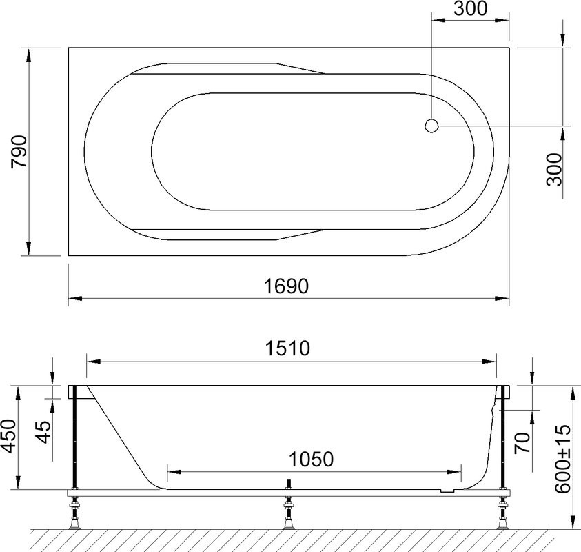 Акриловая ванна Royal Bath Azur RB 614203 L 170x80 см, угловая, левая, пристенная, белая, асимметричная, с каркасом