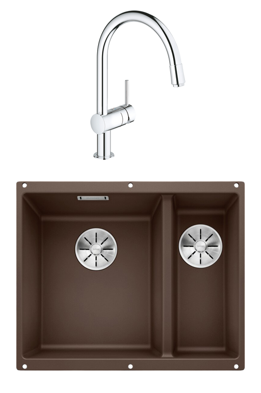 Комплект Мойка Blanco Subline 340/160-U кофе, левая + Смеситель Grohe Minta 3291800E хром