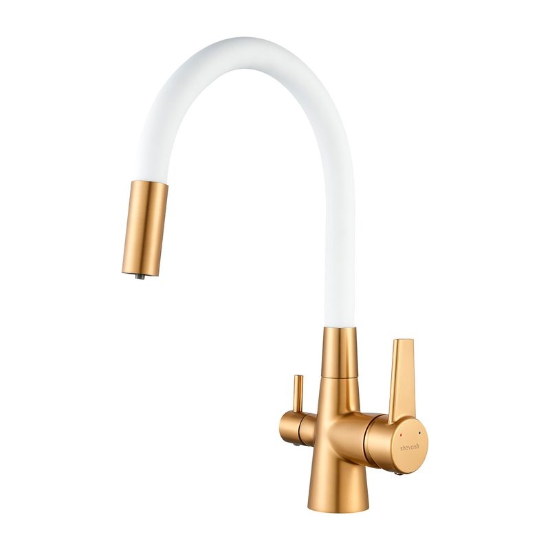 Смеситель для кухни Shevanik S668G с гибким изливом, золотой сатин, белый