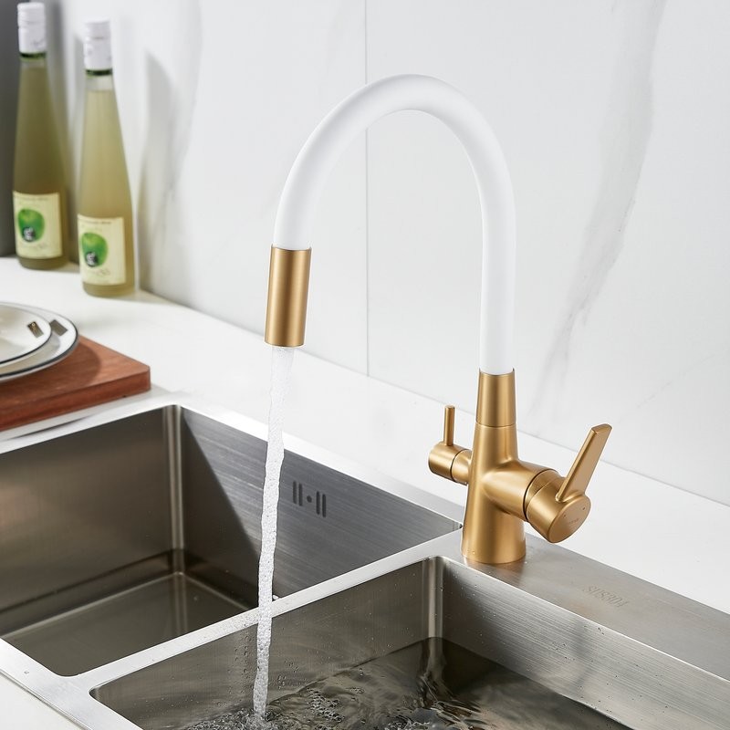 Смеситель для кухни Shevanik S668G с гибким изливом, золотой сатин, белый