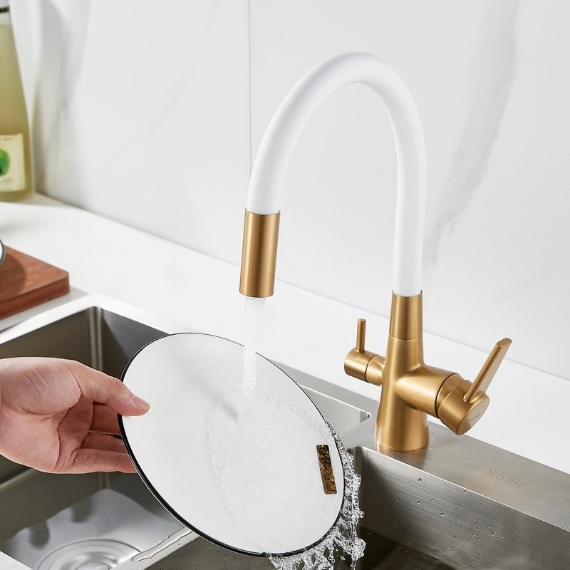 Смеситель для кухни Shevanik S668G с гибким изливом, золотой сатин, белый