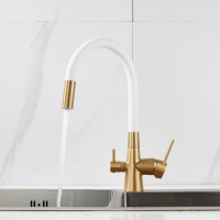 Смеситель для кухни Shevanik S668G с гибким изливом, золотой сатин, белый