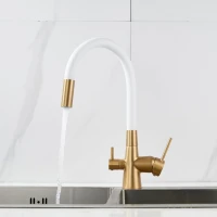 Смеситель для кухни Shevanik S668G с гибким изливом, золотой сатин, белый