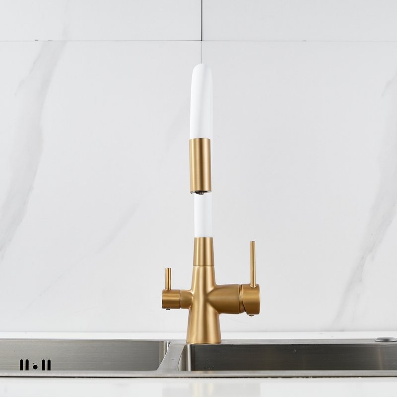 Смеситель для кухни Shevanik S668G с гибким изливом, золотой сатин, белый