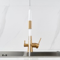 Смеситель для кухни Shevanik S668G с гибким изливом, золотой сатин, белый