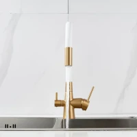 Смеситель для кухни Shevanik S668G с гибким изливом, золотой сатин, белый
