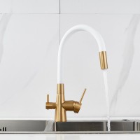 Смеситель для кухни Shevanik S668G с гибким изливом, золотой сатин, белый