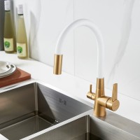 Смеситель для кухни Shevanik S668G с гибким изливом, золотой сатин, белый