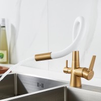 Смеситель для кухни Shevanik S668G с гибким изливом, золотой сатин, белый