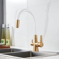 Смеситель для кухни Shevanik S668G с гибким изливом, золотой сатин, белый