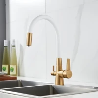 Смеситель для кухни Shevanik S668G с гибким изливом, золотой сатин, белый