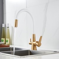 Смеситель для кухни Shevanik S668G с гибким изливом, золотой сатин, белый