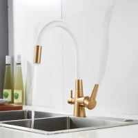 Смеситель для кухни Shevanik S668G с гибким изливом, золотой сатин, белый