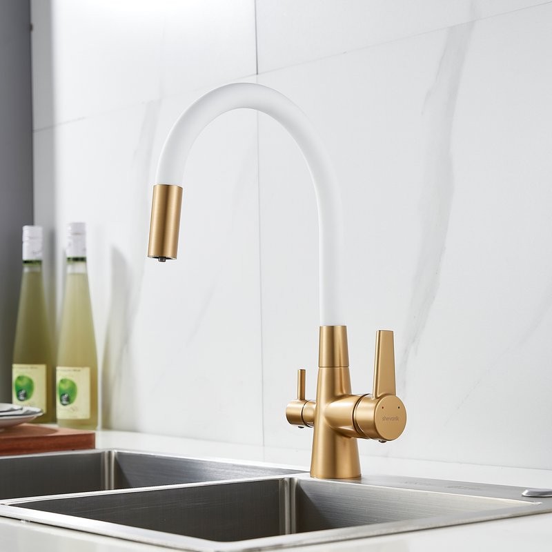 Смеситель для кухни Shevanik S668G с гибким изливом, золотой сатин, белый