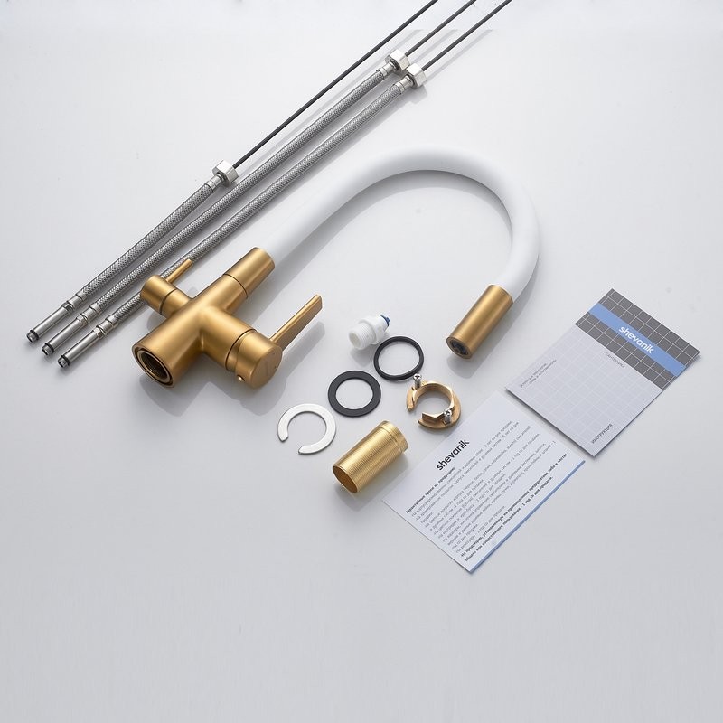 Смеситель для кухни Shevanik S668G с гибким изливом, золотой сатин, белый