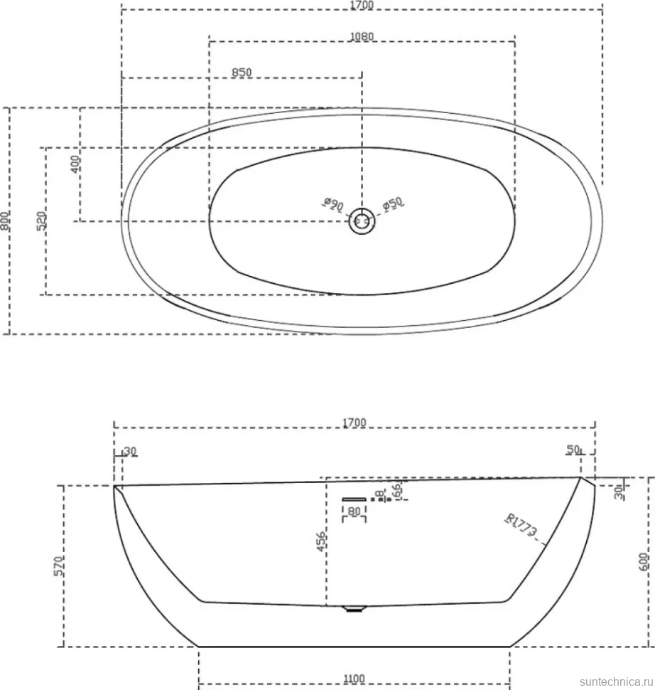 Акриловая ванна Abber AB9285 170x80 см, отдельностоящая, белая, овальная, с каркасом, со сливом-переливом