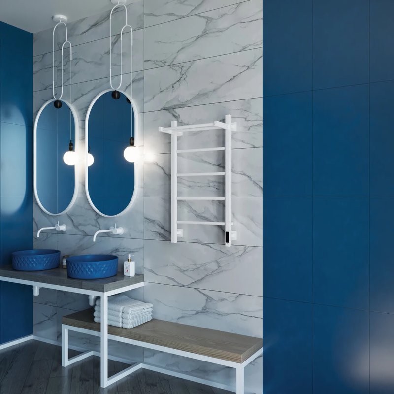 Полотенцесушитель электрический Grota App 430х800 RAL9016 EL 80x45 см, подключение справа, слева, скрытое подключение справа, матовый белый, лесенка, из стали, с полкой