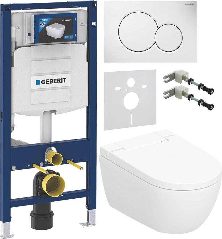 Комплект Умный унитаз Geberit AquaClean Alba безободковый, с биде + Инсталляция Duofix UP 320 111.300.00.5 + Кнопка Sigma 01 115.770.11.5 белая + Звукоизоляция + Крепления 111.815.00.1 к стене