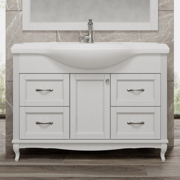 Тумба с раковиной ValenHouse Эллина 120 белая, 4 ящика, 1 дверца, ручки хром