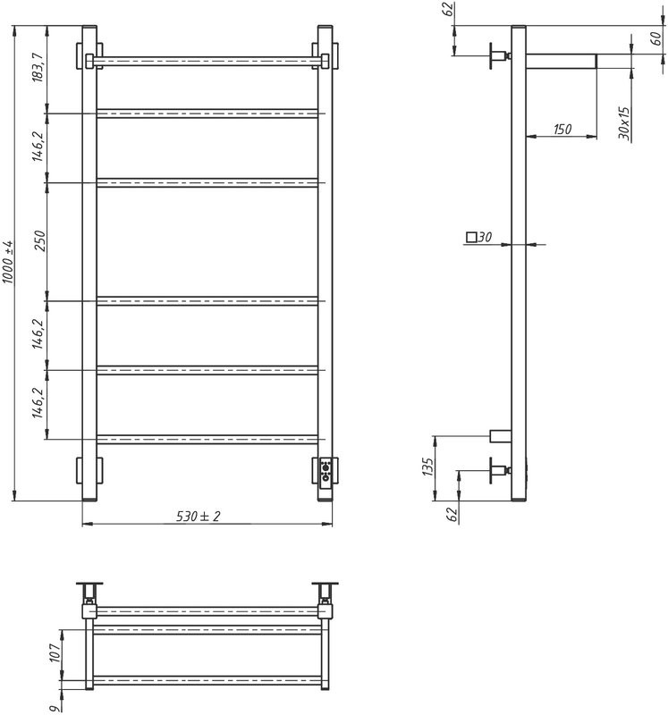 Полотенцесушитель электрический Grota Alto 530х1000 NM EL 100x55 см, подключение справа, слева, скрытое подключение справа, матовый хром, лесенка, с полкой