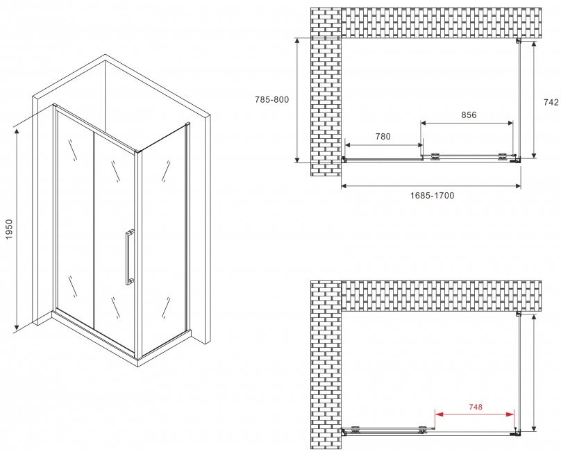 Душевой уголок Abber Schwarzer Diamant AG30170BH-S80B 170x80, профиль черный, стекло прозрачное