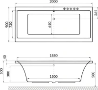 Акриловая ванна Excellent Pryzmat Line 200x90 см, встраиваемая, с гидромассажем, белая, с каркасом, со сливом-переливом, фурнитура золото