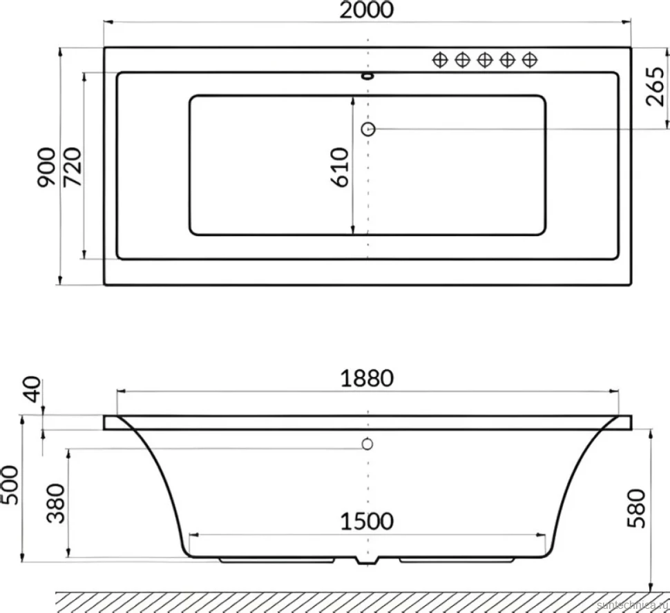 Акриловая ванна Excellent Pryzmat Line 200x90 см, встраиваемая, с гидромассажем, белая, с каркасом, со сливом-переливом, фурнитура золото