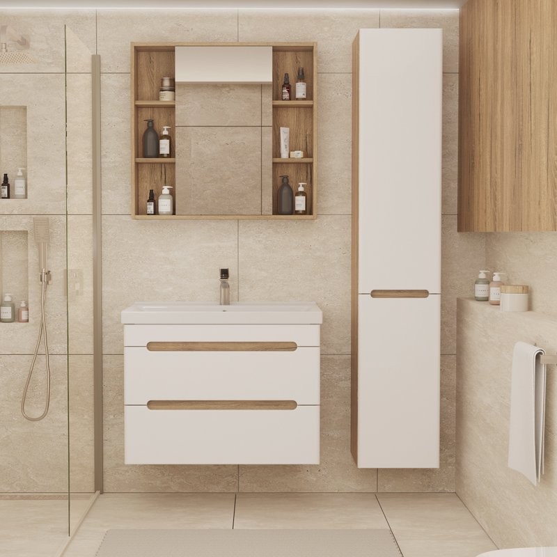 Тумба с раковиной SanStar Diva 80 подвесная, матовая белая, дуб вотан, раковина Fest 80