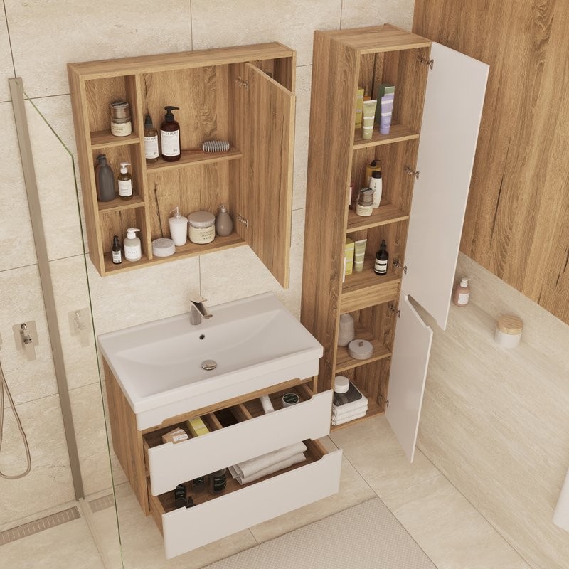 Тумба с раковиной SanStar Diva 80 подвесная, матовая белая, дуб вотан, раковина Fest 80