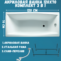 Акриловая ванна 1MarKa Viola Стандарт 2 120x70 см, встраиваемая, белая, с каркасом, со сливом-переливом