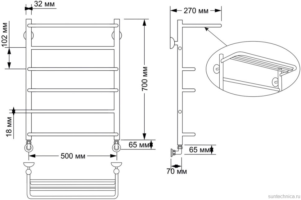Полотенцесушитель водяной Secado Верона 2 75x55 см, бронза, лесенка, латунь, с полкой