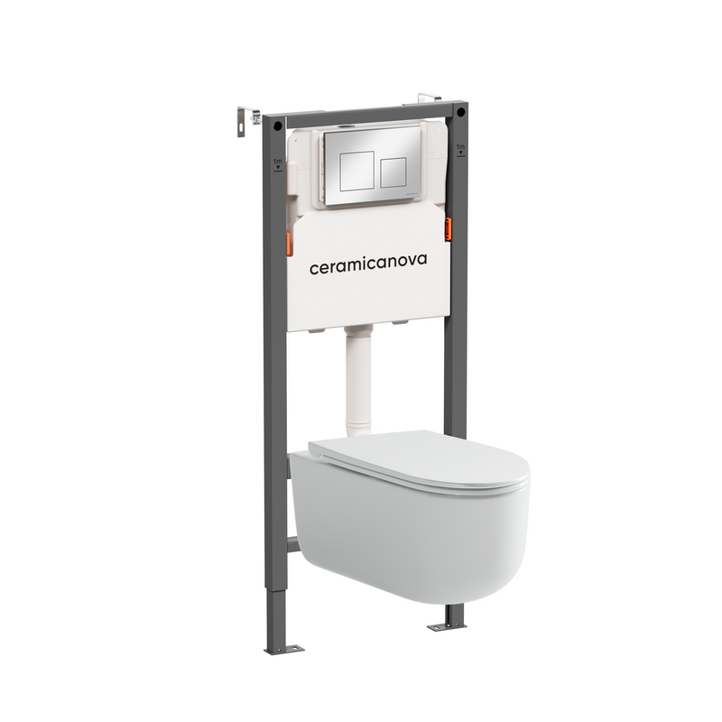 Комплект Ceramicanova Унитаз подвесной Ulma Rimless CN4006 безободковый, с микролифтом + Инсталляция Balance CN121002CH с кнопкой Square глянцевый хром