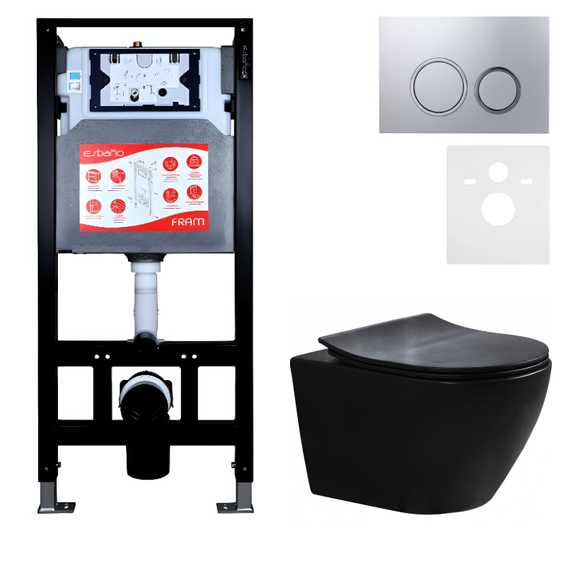 Комплект Унитаз подвесной Esbano Amapola ESUPAMAPBM матовый черный + Инсталляция Fram + Кнопка ESINKRG11MC