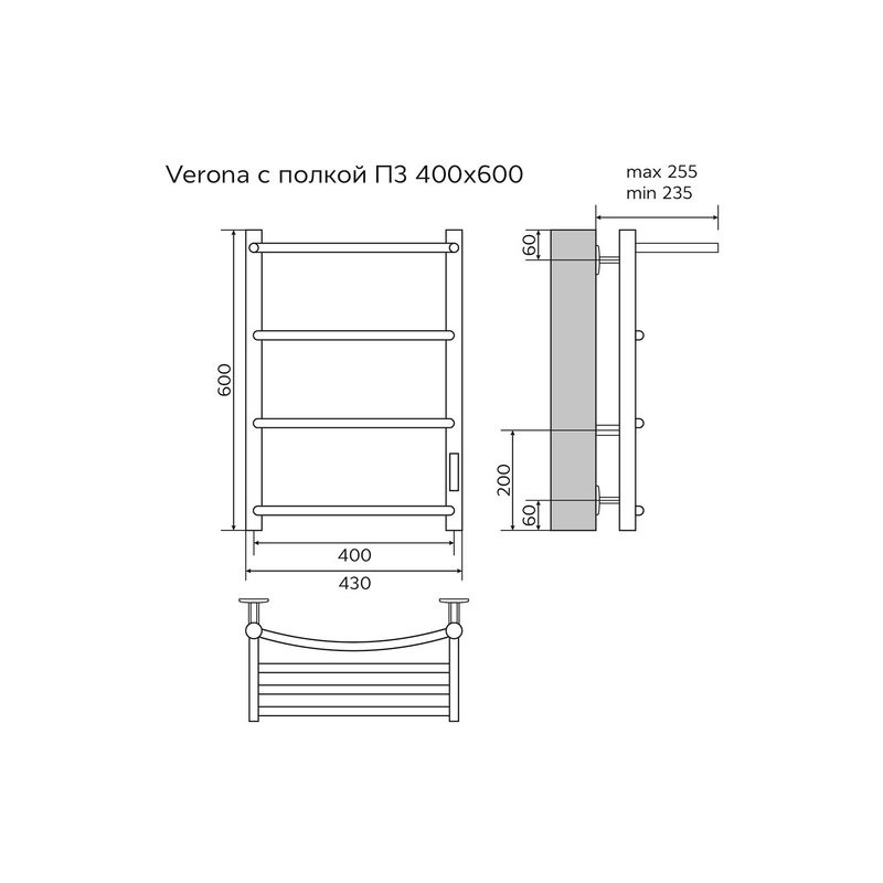 Полотенцесушитель Azario VERONA 400/600 электрический с полкой R 3 пер.