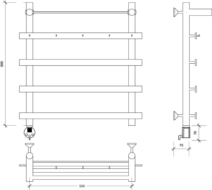 Полотенцесушитель электрический Secado Понтида 1 КСП, L 60x60 см, подключение слева, матовый черный, лесенка, с полкой