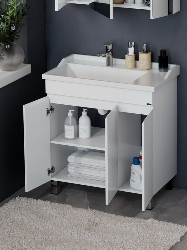 Тумба с раковиной СаНта Марс 80 напольная, с дверками, глянцевая белая