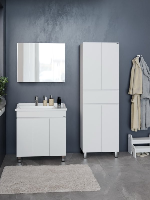 Тумба с раковиной СаНта Марс 80 напольная, с дверками, глянцевая белая