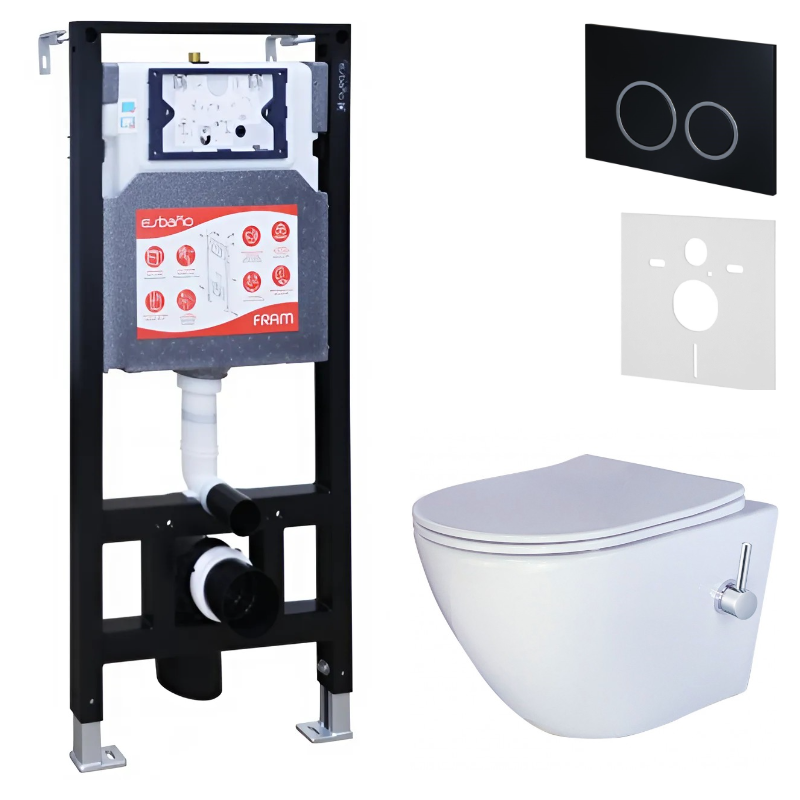 Комплект 3 в 1 Унитаз подвесной Esbano ESWBTERUWN + Инсталляция Fram + Кнопка ESINKRG11MB цвет матовый черный