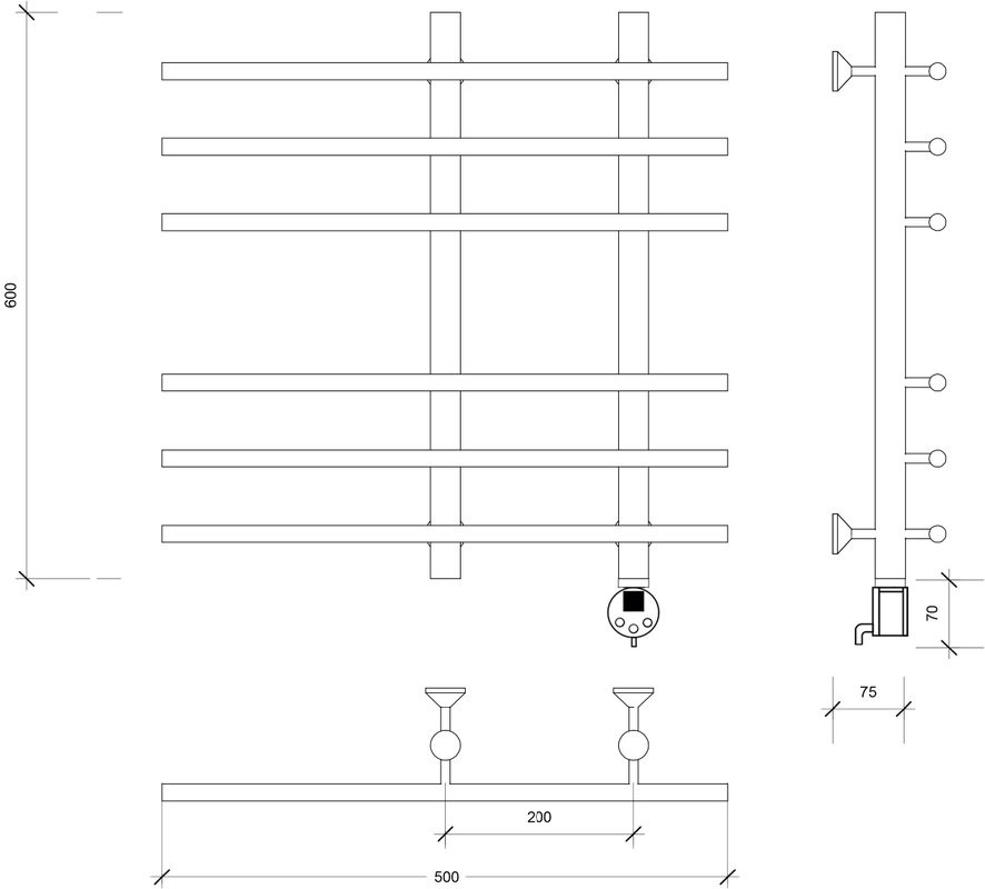 Полотенцесушитель электрический Secado Турин 3 60x55 см, подключение справа, матовый черный, лесенка