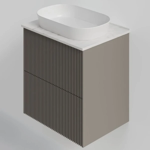 Тумба под раковину со столешницей La Fenice Terra Twin 60 подвесная, cappuccino, бежевая матовая, столешница белый мрамор