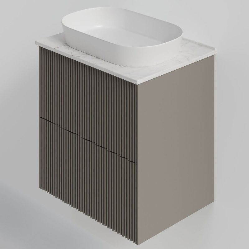Тумба под раковину со столешницей La Fenice Terra Twin 60 подвесная, cappuccino, бежевая матовая, столешница белый мрамор