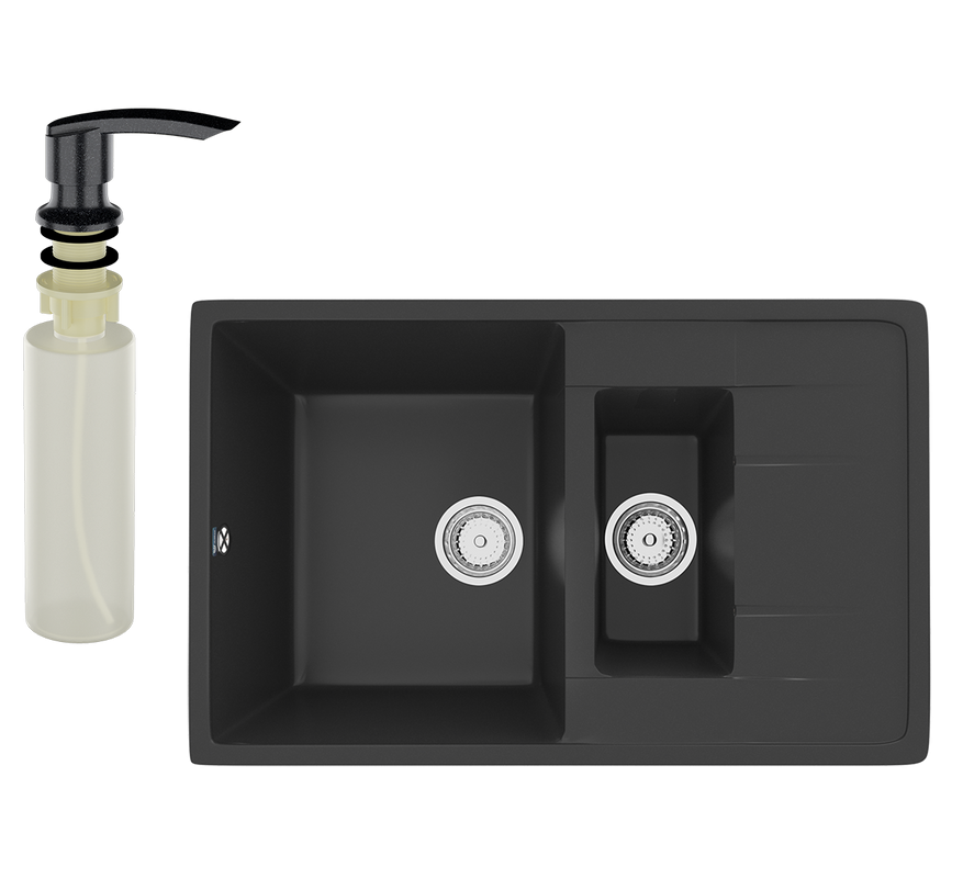 Мойка кухонная Ulgran U-205 344 ультра-черная + дозатор U-02 черный