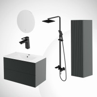 Комплект IDDIS 6в1: тумба подвесная с умывальником Bild 80 см + зеркало с термообогревом Bild + пенал Bild подвесной + душевая система Bild + смеситель для умывальника Bild