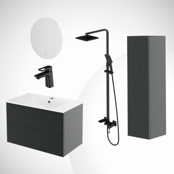 Комплект IDDIS 6в1: тумба подвесная с умывальником Bild 80 см + зеркало с термообогревом Bild + пенал Bild подвесной + душевая система Bild + смеситель для умывальника Bild