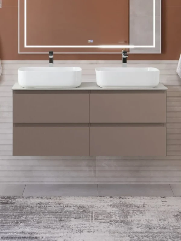 Тумба под раковину со столешницей BelBagno Kraft 120 подвесная, матовая бежевая, столешница kep-120-2-cem, для двоих