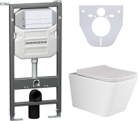 Комплект Унитаз подвесной Ceramicanova Metric CN3007 безободковый, с микролифтом + Инсталляция Envision CN1002W + Кнопка Flat, белая