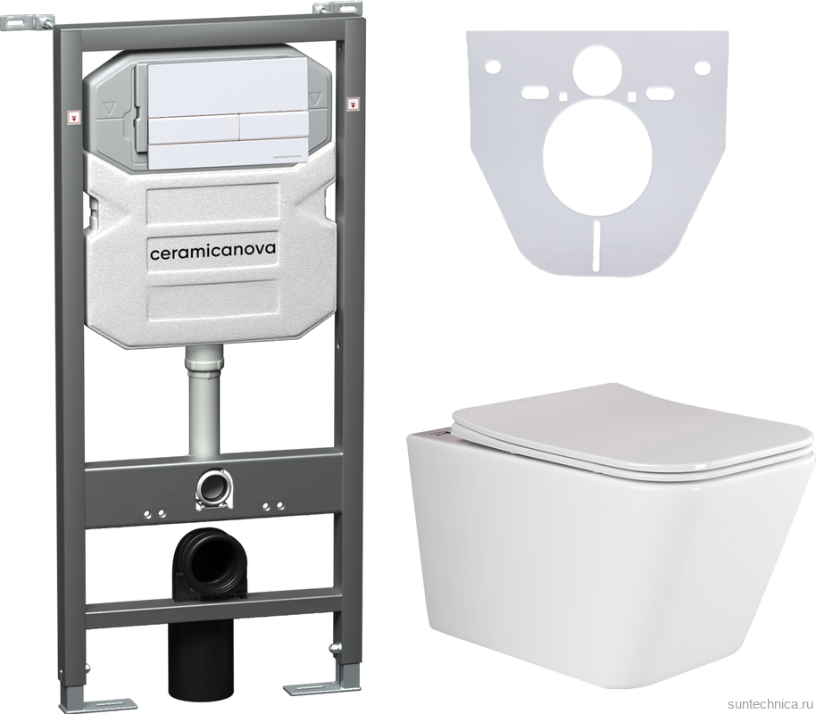 Комплект Унитаз подвесной Ceramicanova Metric CN3007 безободковый, с микролифтом + Инсталляция Envision CN1002W + Кнопка Flat, белая